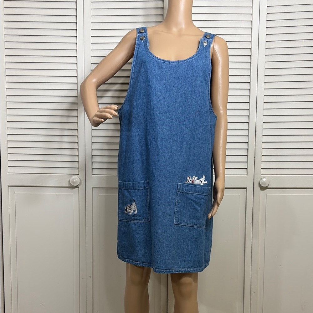 Vintage Disney 101 Dalmatians Blue Denim Overalls Mini Dress Size Large